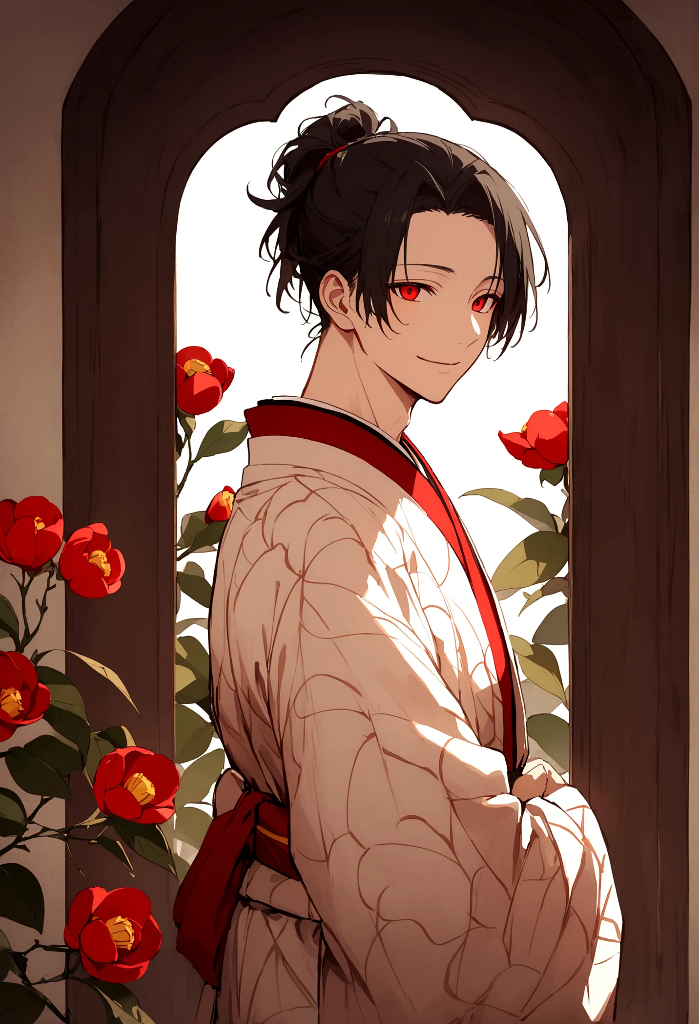 ((red eyes))、引きつけるred eyes、smile、crimson eyes、beautiful man、1 person、neutral、black hair、(red eyes)、kimono with camellia pattern、...