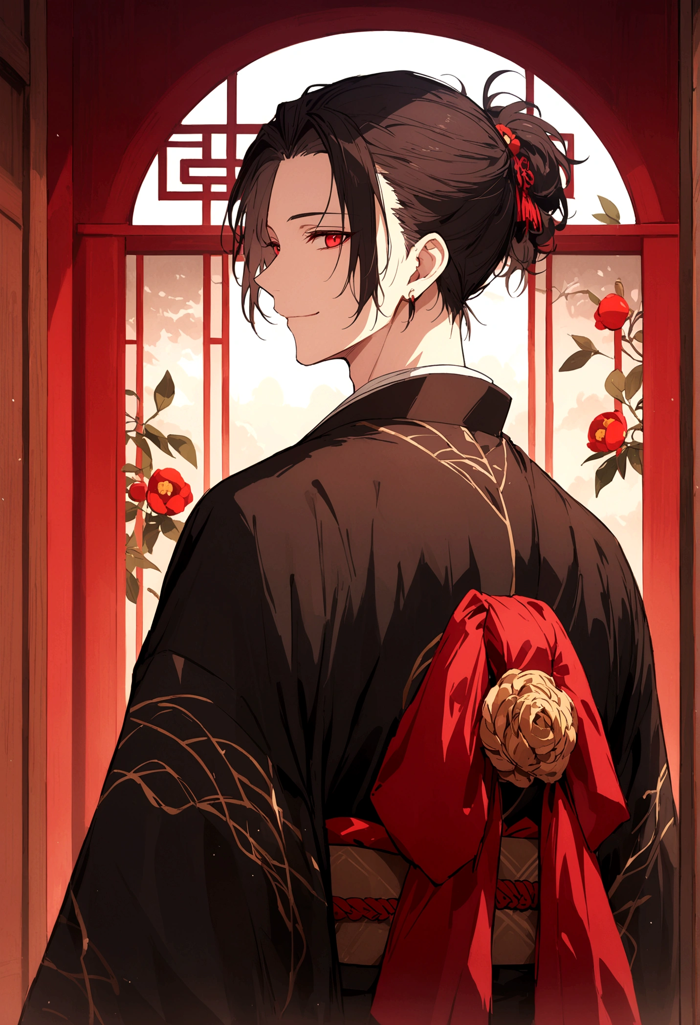 ((Red eyes))、引きつけるRed Eyes、smile、Crimson Eyes、Beautiful man、1 person、neutral、Black Hair、(Red Eyes)、Kimono with camellia pattern、smile、The nape is a little long、Serene atmosphere、beautiful、Are standing、ephemeral、front、 High resolution, Super detailed、Male、Rakugo artist