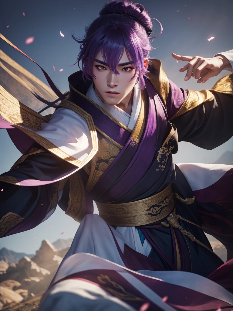 1man,full body,extremely detailed  face, handsome detailed eyes,light on face,cinematic lighting,looking at viewer,outdoors,purple hair,hanfu,