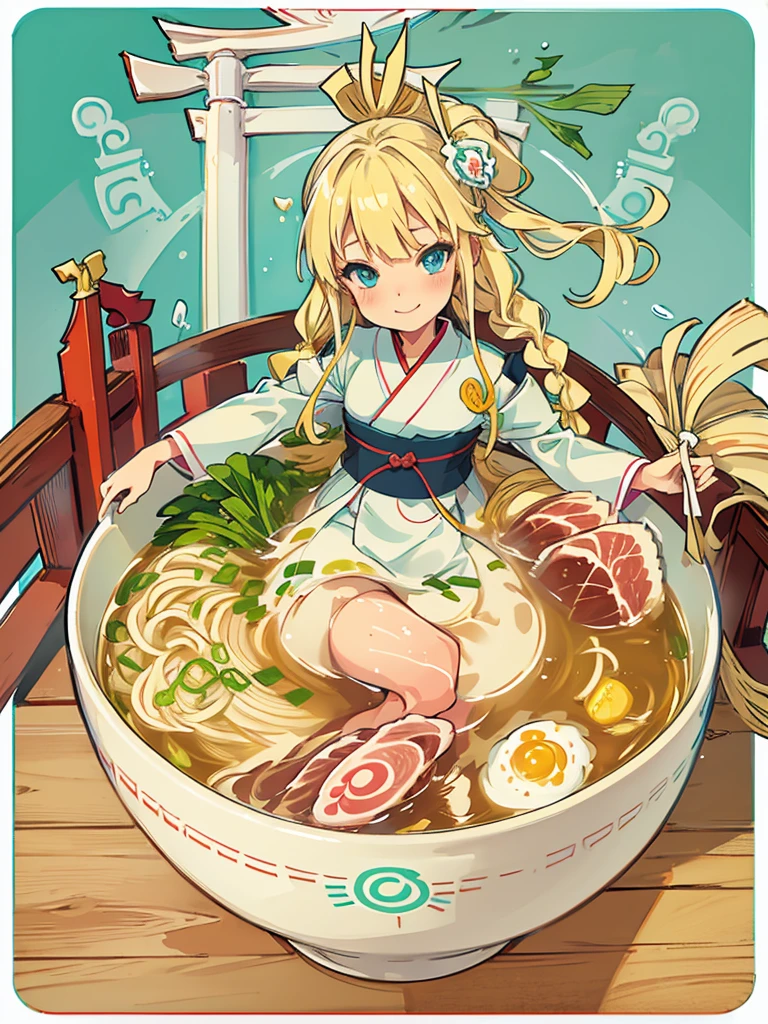 One girl,alone,blue eyes,Long blonde hair,Braided in front,smile,whole body,foot,Medium chest,Korean traditional clothing,Mini Girl, In the food,In the container,In a ramen bowl,soup, 拉noodles, noodles,no,meat,green onion,Partially submerged,sweet,vapor,Korean Background,No shoes,Eat from a bowl with chopsticks, Torii gate in the background