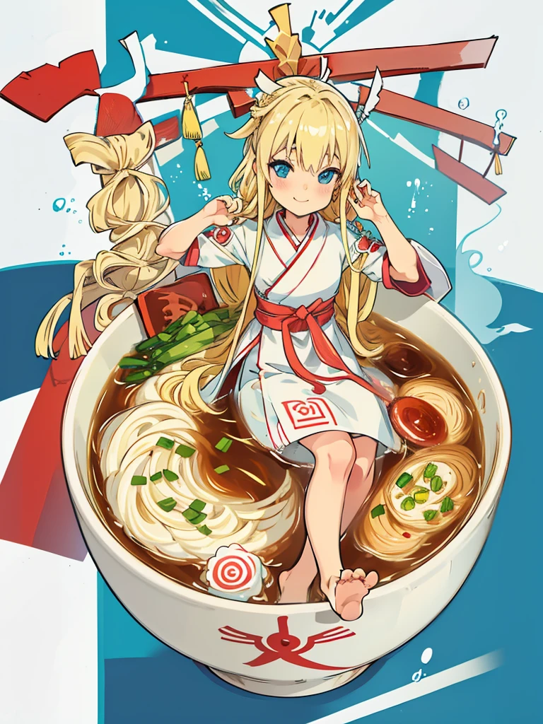 One girl,alone,blue eyes,Long blonde hair,Braided in front,smile,whole body,foot,Medium chest,Korean traditional clothing,Mini Girl, In the food,In the container,In a ramen bowl,soup, 拉noodles, noodles,no,meat,green onion,Partially submerged,sweet,vapor,Korean Background,No shoes,Eat from a bowl with chopsticks, Torii gate in the background