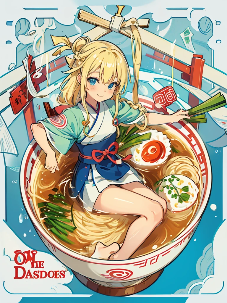 One girl,alone,blue eyes,Long blonde hair,Braided in front,smile,whole body,foot,Medium chest,Korean traditional clothing,Mini Girl, In the food,In the container,In a ramen bowl,soup, 拉noodles, noodles,no,meat,green onion,Partially submerged,sweet,vapor,Korean Background,No shoes,Eat from a bowl with chopsticks, Torii gate in the background