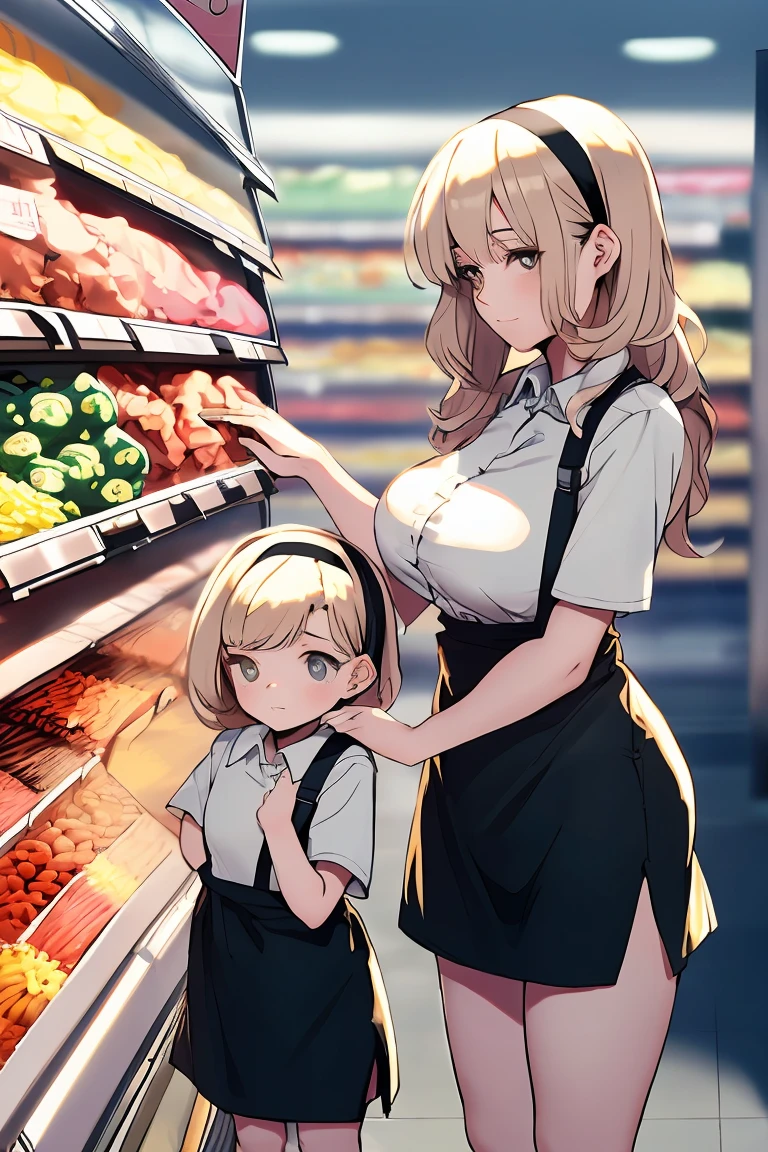 Mother and daughter　Height difference　Black paper　Shortcuts　hair band　shopping　Supermarket　Beautiful breasts