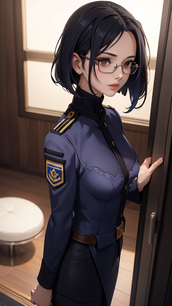 Beautiful young girl with blue short hair, A light smile, Brown eyes, hair clips, lips, Stud earrings, Semi-rimless eyewear, , Big butt but small breasts, (Highest quality,4K,8K,High resolution,masterpiece:1.2),Very detailed,(Realistic,photoRealistic,photo-Realistic:1.37),Very detailed顔, Very detailed目と顔, Long eyelashes, Beautiful attention to detail, beautiful detailed lips, Concept Art, Cinema Lighting, Vibrant colors, a beautiful girl in military uniform,short wavy hair,glasses,busty,detailed face,beautiful eyes,beautiful lips,highly detailed,photorealistic,8K,masterpiece,studio lighting,dynamic pose,intricate details,dramatic lighting,cinematic atmosphere,vibrant colors,elegant,powerful,confident