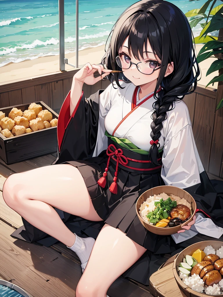 One girl,alone,black eye,Black Hair,Glasses、Braided in front,smile,whole body,foot,Small breasts,Japanese traditional clothing,Mini Girl, In the food,In the container,It&#39;s in a bowl,soup, Buckwheat,no,meat,green onion,Partially submerged,sweet,vapor,Japanese Background,No shoes,Eat from a bowl with chopsticks, Torii gate in the background