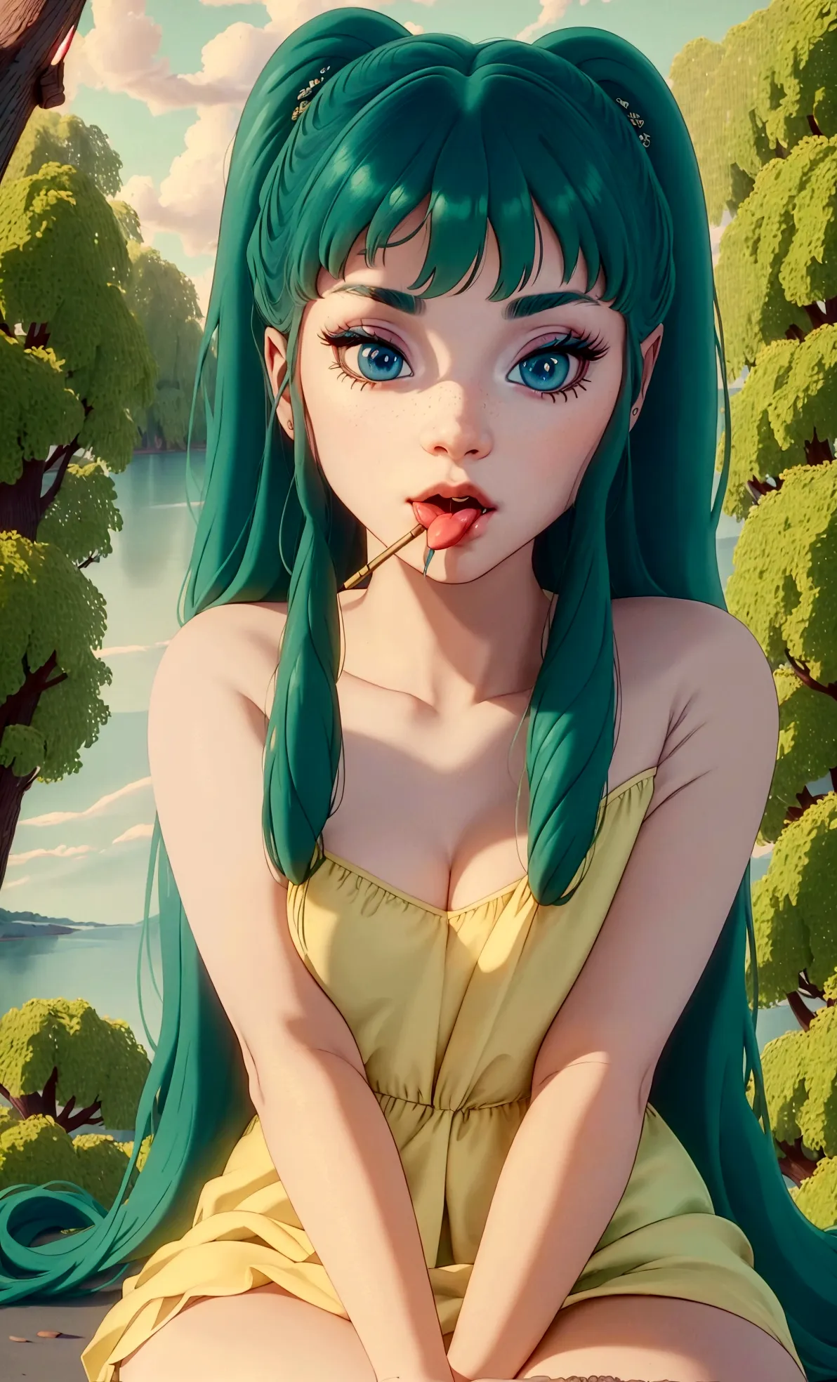 score_9, score_8_up, score_7_up, lum, solo, 1girl, retro artstyle, 1980s style, blue eyes, eyeshadow, green hair, long hair, ban...