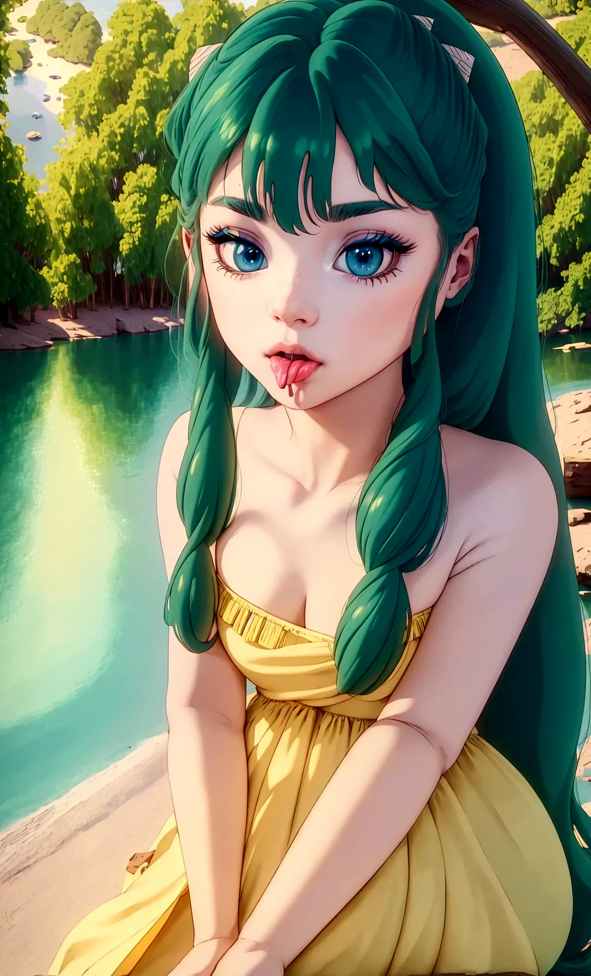 score_9, score_8_up, score_7_up, lum, solo, 1girl, retro artstyle, 1980s style, blue eyes, eyeshadow, green hair, long hair, ban...