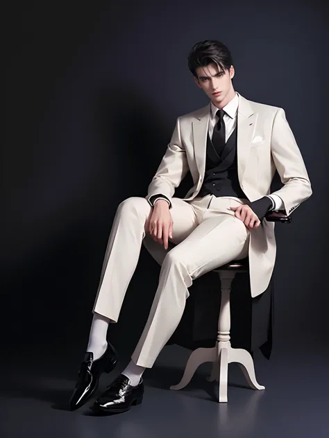 1 man, best quality, masterpiece, realistic, shortcut, white suit, black silk socks, black oxford shoes, sitting, full body,fit ...