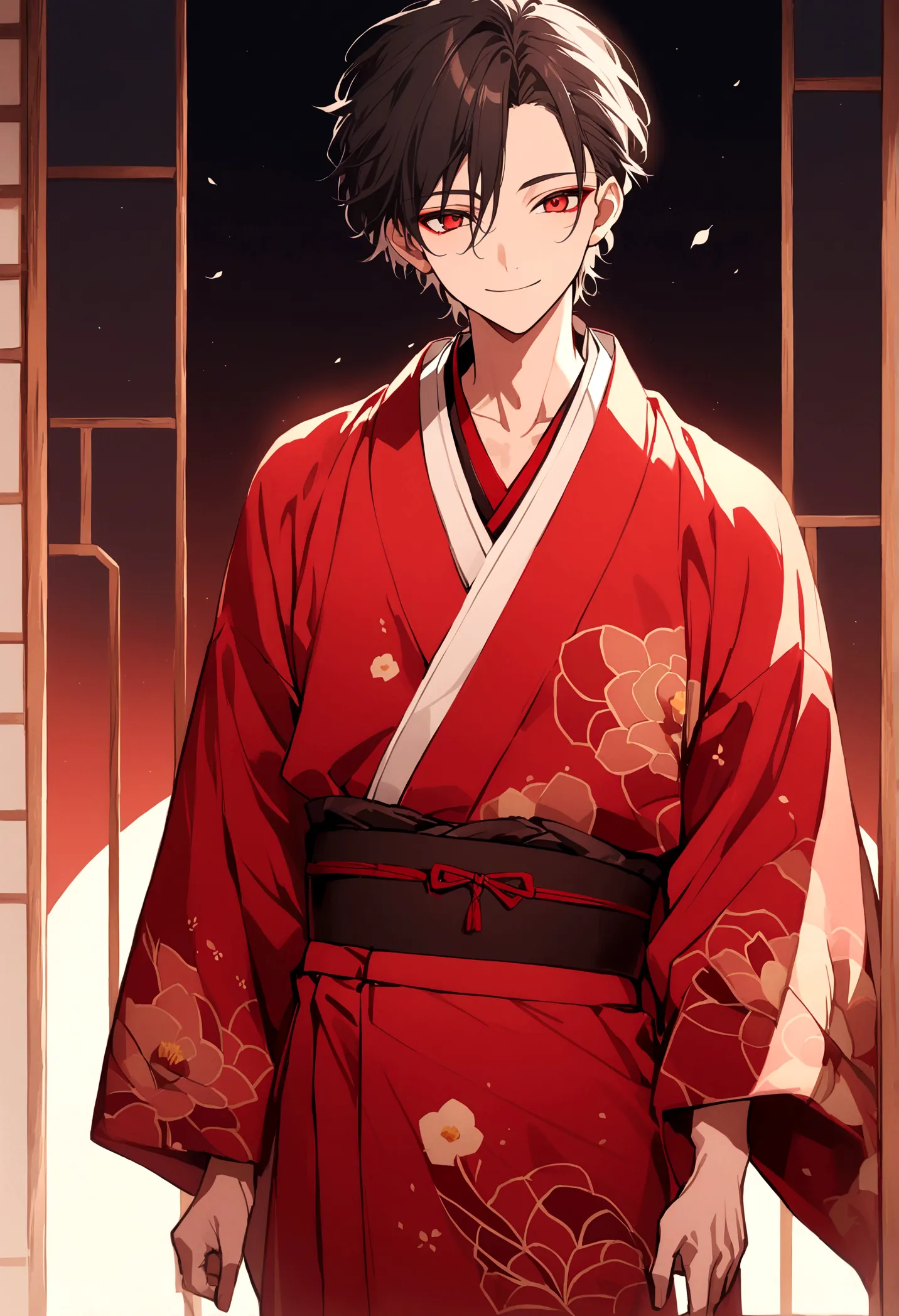 ((red eyes))、引きつけるred eyes、smile、crimson eyes、beautiful man、1 person、neutral、black hair、(red eyes)、kimono with camellia pattern、...