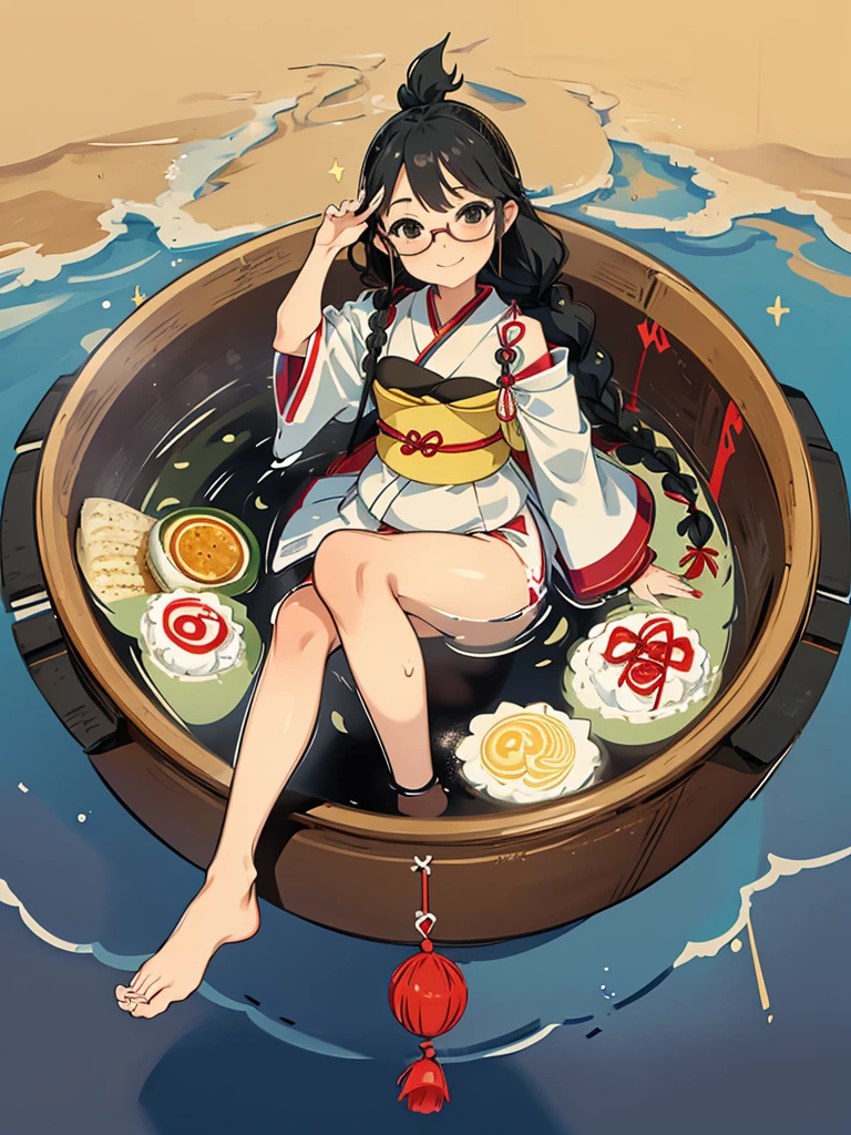 One girl,alone,black eye,Black Hair,Glasses、Braided in front,smile,whole body,foot,Small breasts,Japanese traditional clothing,開foot、underwear、Mini Girl, In the food,In the container,,Partially submerged,sweet,,No shoes,