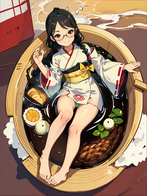 one girl,alone,black eye,black hair,glasses、braided in front,smile,whole body,foot,small breasts,japanese traditional clothing,開...