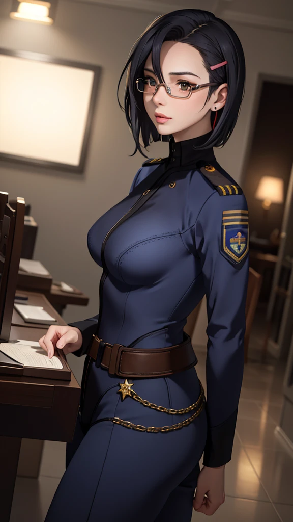 Beautiful young girl with blue short hair, A light smile, Brown eyes, hair clips, lips, Stud earrings, Semi-rimless eyewear, , Big butt but small breasts, (Highest quality,4K,8K,High resolution,masterpiece:1.2),Very detailed,(Realistic,photoRealistic,photo-Realistic:1.37),Very detailed顔, Very detailed目と顔, Long eyelashes, Beautiful attention to detail, beautiful detailed lips, Concept Art, Cinema Lighting, Vibrant colors, a beautiful girl in military uniform,short wavy hair,glasses,busty,detailed face,beautiful eyes,beautiful lips,highly detailed,photorealistic,8K,masterpiece,studio lighting,dynamic pose,intricate details,dramatic lighting,cinematic atmosphere,vibrant colors,elegant,powerful,confident((Women's military uniform、Formal wear))