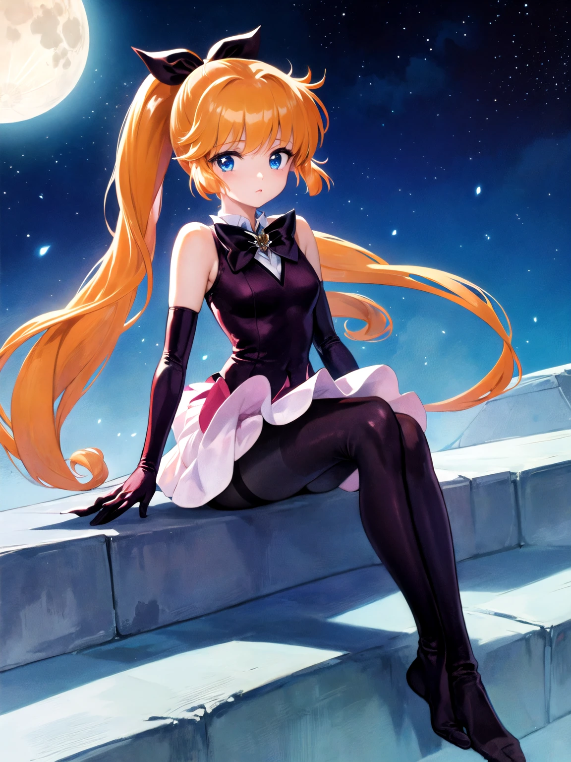 1980s \(style\), masterpiece, Highest quality, One girl, alone,  Long Hair, ponytail, bow, ribbon, blue eyes, Orange Hair, hair ribbon, very Long Hair, Brown Hair, gloves, elbow gloves, skirt, Magical girl, black gloves, pantyhose, bowtie, Sitting, Night Sky, big_moon, White panties, Panty shot