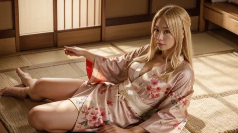 Woman, twenty years, blond hair, beautiful, dressed in a beautiful feminine kimono, masterpiece, 4k HD ,jest yamato nadeshiko , ...