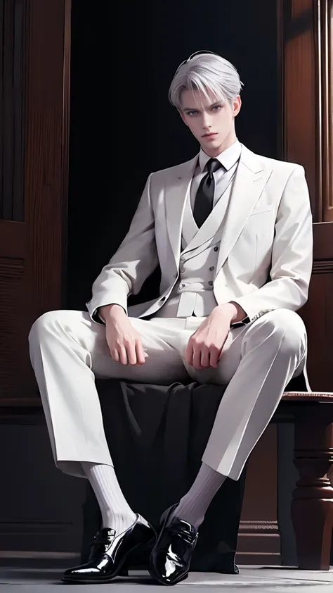 1 man, best quality, masterpiece, realistic, shortcut, white suit, black silk socks, black oxford shoes, sitting, full body,fit ...