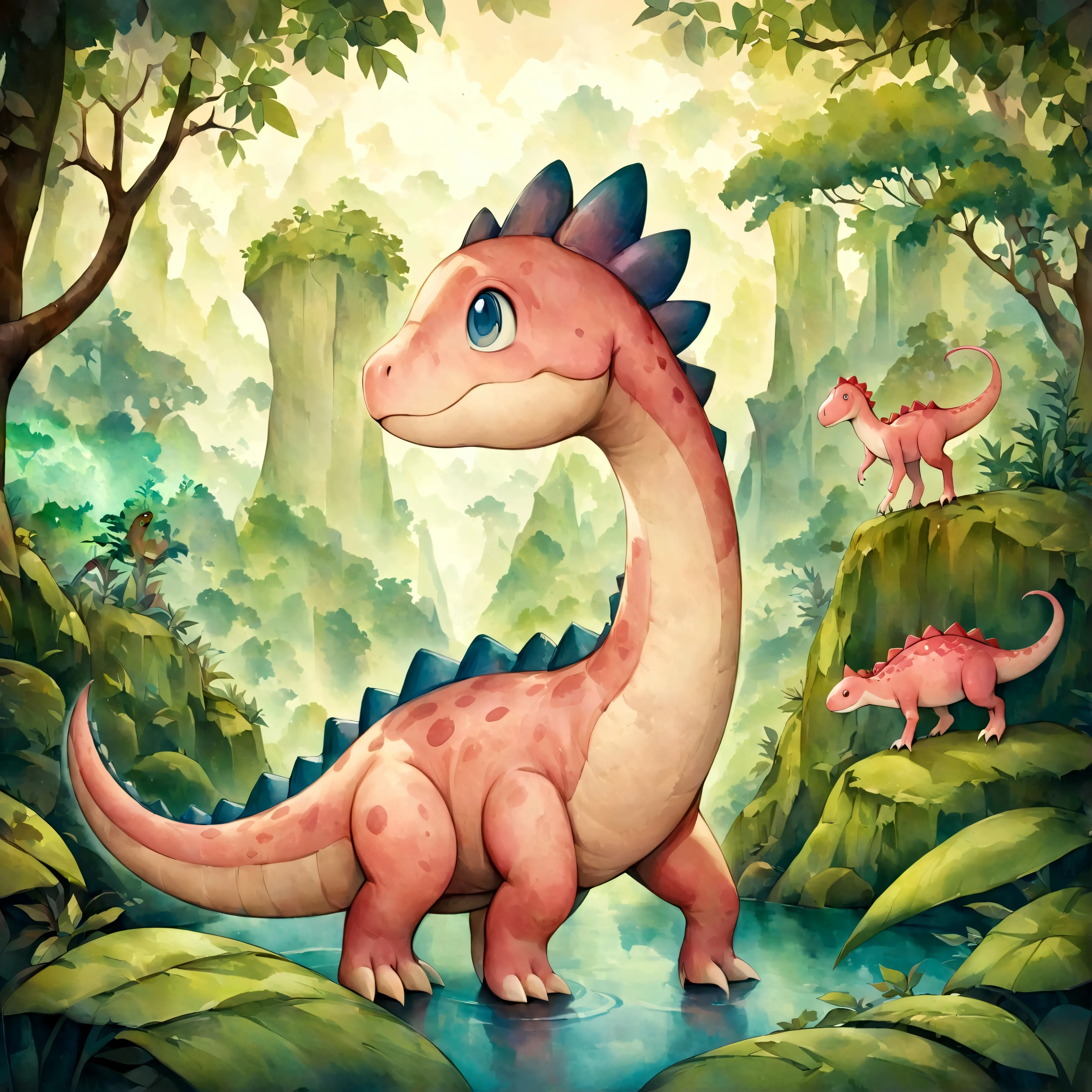 fixes,an illustration,pink dinosaur,jurassic background,dinosaur world,rich in nature,cute illustration,surreal,artwork,expressi...