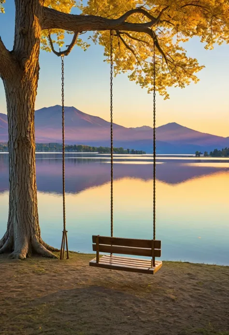 a solitary swing hangs between two trees, its wooden seat bathed in the golden glow of the setting sun. the lake stretches out b...