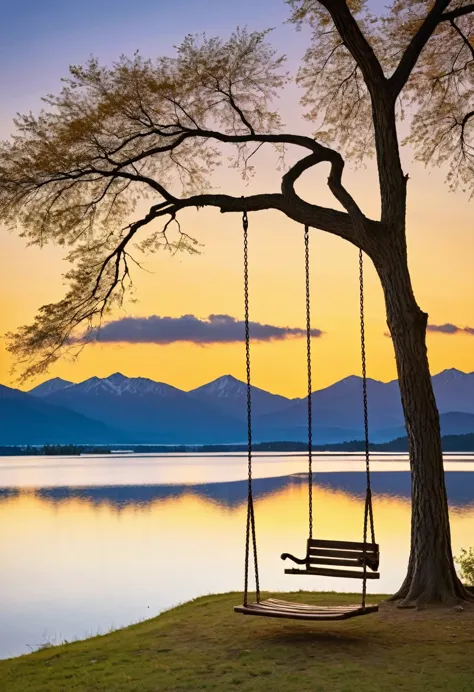 a solitary swing hangs between two trees, its wooden seat bathed in the golden glow of the setting sun. the lake stretches out b...