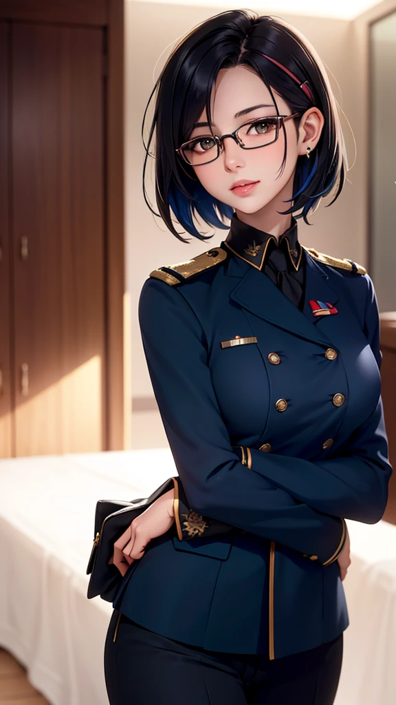 Beautiful young girl with blue short hair, A light smile, Brown eyes, hair clips, lips, Stud earrings, Semi-rimless eyewear, , Big butt but small breasts, (Highest quality,4K,8K,High resolution,masterpiece:1.2),Very detailed,(Realistic,photoRealistic,photo-Realistic:1.37),Very detailed顔, Very detailed目と顔, Long eyelashes, Beautiful attention to detail, beautiful detailed lips, Concept Art, Cinema Lighting, Vibrant colors, a beautiful girl in military uniform,short wavy hair,glasses,busty,detailed face,beautiful eyes,beautiful lips,highly detailed,photorealistic,8K,masterpiece,studio lighting,dynamic pose,intricate details,dramatic lighting,cinematic atmosphere,vibrant colors,elegant,powerful,confident((Women's military uniform、Formal wear))