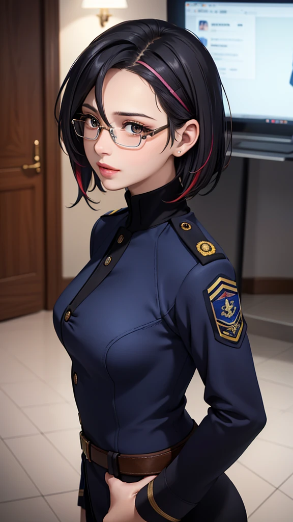 Beautiful young girl with blue short hair, A light smile, Brown eyes, hair clips, lips, Stud earrings, Semi-rimless eyewear, , Big butt but small breasts, (Highest quality,4K,8K,High resolution,masterpiece:1.2),Very detailed,(Realistic,photoRealistic,photo-Realistic:1.37),Very detailed顔, Very detailed目と顔, Long eyelashes, Beautiful attention to detail, beautiful detailed lips, Concept Art, Cinema Lighting, Vibrant colors, a beautiful girl in military uniform,short wavy hair,glasses,busty,detailed face,beautiful eyes,beautiful lips,highly detailed,photorealistic,8K,masterpiece,studio lighting,dynamic pose,intricate details,dramatic lighting,cinematic atmosphere,vibrant colors,elegant,powerful,confident((Women's military uniform、Formal wear))