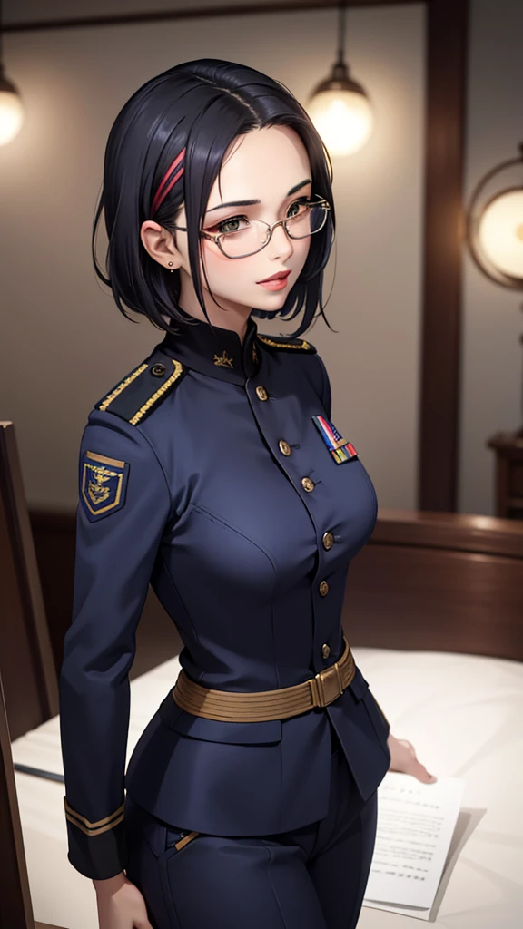 Beautiful young girl with blue short hair, A light smile, Brown eyes, hair clips, lips, Stud earrings, Semi-rimless eyewear, , Big butt but small breasts, (Highest quality,4K,8K,High resolution,masterpiece:1.2),Very detailed,(Realistic,photoRealistic,photo-Realistic:1.37),Very detailed顔, Very detailed目と顔, Long eyelashes, Beautiful attention to detail, beautiful detailed lips, Concept Art, Cinema Lighting, Vibrant colors, a beautiful girl in military uniform,short wavy hair,glasses,busty,detailed face,beautiful eyes,beautiful lips,highly detailed,photorealistic,8K,masterpiece,studio lighting,dynamic pose,intricate details,dramatic lighting,cinematic atmosphere,vibrant colors,elegant,powerful,confident((Women's military uniform、Formal wear))