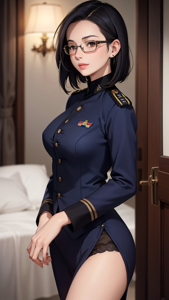 Beautiful young girl with blue short hair, A light smile, Brown eyes, hair clips, lips, Stud earrings, Semi-rimless eyewear, , Big butt but small breasts, (Highest quality,4K,8K,High resolution,masterpiece:1.2),Very detailed,(Realistic,photoRealistic,photo-Realistic:1.37),Very detailed顔, Very detailed目と顔, Long eyelashes, Beautiful attention to detail, beautiful detailed lips, Concept Art, Cinema Lighting, Vibrant colors, a beautiful girl in military uniform,short wavy hair,glasses,busty,detailed face,beautiful eyes,beautiful lips,highly detailed,photorealistic,8K,masterpiece,studio lighting,dynamic pose,intricate details,dramatic lighting,cinematic atmosphere,vibrant colors,elegant,powerful,confident((Women's military uniform、Formal wear))