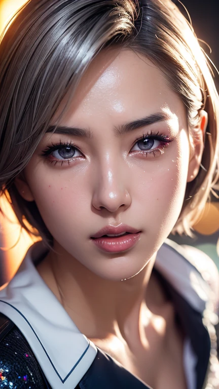  style of glitter and chrome, Cinematic photography, 1girl, short silver hair, (showing deep cleavage), (tanned oily skin), glossy skin, bokeh lights, sharp focus on subject, highest details, photorealistic, high background details,high face details, action atmosphere, godrays, 8k, raytracing, ((detailed dramatic background)), (sexy school uniform), open shirt, photography, ultra-realistic, oily skin, sweat, shiny skin, dynamic pose, flirting, seducing, moaning, ahegao, kawaii, dramatic scene, dramatic lighting, color graded, dynamic angle, glitter and chrome,