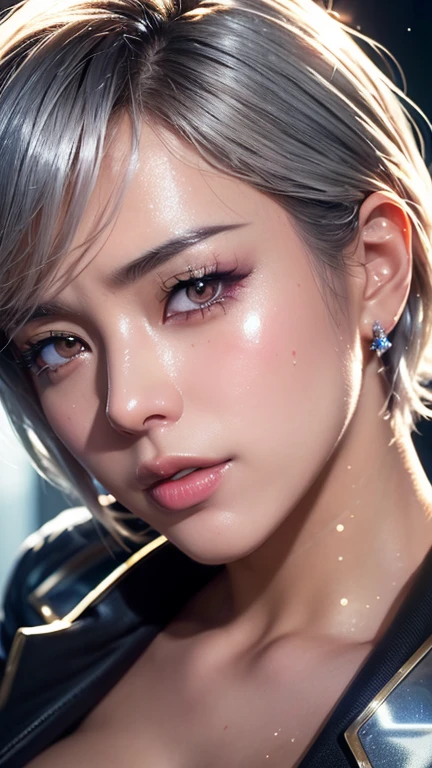  style of glitter and chrome, Cinematic photography, 1girl, short silver hair, (showing deep cleavage), (tanned oily skin), glossy skin, bokeh lights, sharp focus on subject, highest details, photorealistic, high background details,high face details, action atmosphere, godrays, 8k, raytracing, ((detailed dramatic background)), (sexy school uniform), open shirt, photography, ultra-realistic, oily skin, sweat, shiny skin, dynamic pose, flirting, seducing, moaning, ahegao, kawaii, dramatic scene, dramatic lighting, color graded, dynamic angle, glitter and chrome,
