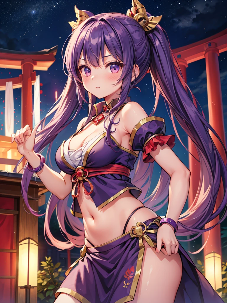 ((Highest quality)), ((Masterpiece)), (Details), perfect face, girl, purple, long hair, hand on the waist, twin tail hair, shrine maiden costume, shrine theme, night theme, belly dancer Costume