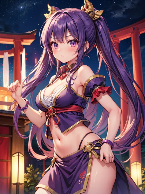 ((Highest quality)), ((Masterpiece)), (Details), perfect face, girl, purple, long hair, hand on the waist, twin tail hair, shrin...