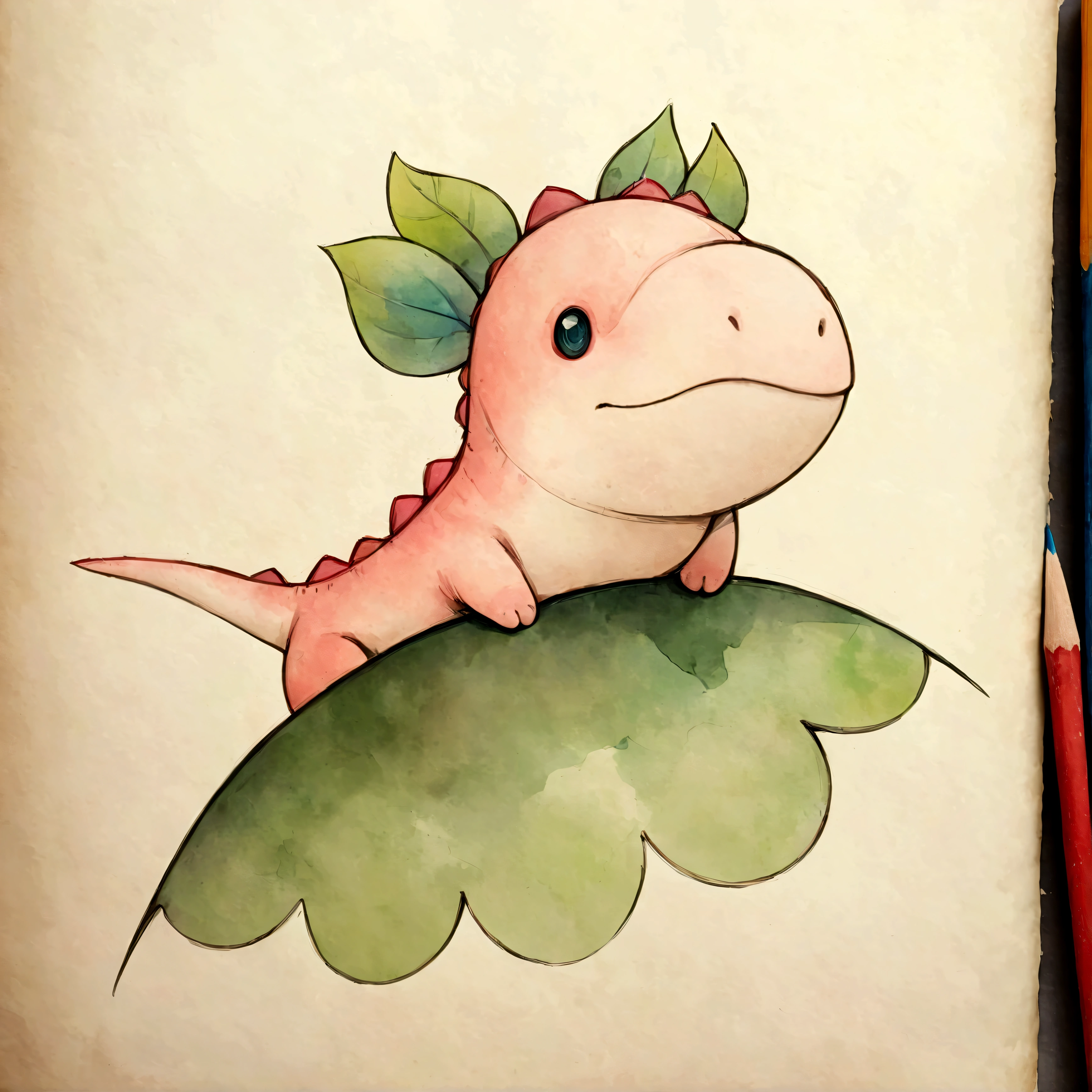 Una ilustración,dinosaurio rosa,linda ilustración,surreal,obra de arte,Expresivamente,Esta es una ilustración que parece la ilustración de un libro ilustrado..,dibujar con lineas gruesas,Por favor dibuja con un toque suave.,Dibujar con lápiz y acuarelas.,Página de estilo de Gabriel Pacheco,anatómicamente correcto,anatomía perfecta,estructuralmente correcto,Configuración óptima,Dibuja cuidadosamente los detalles.