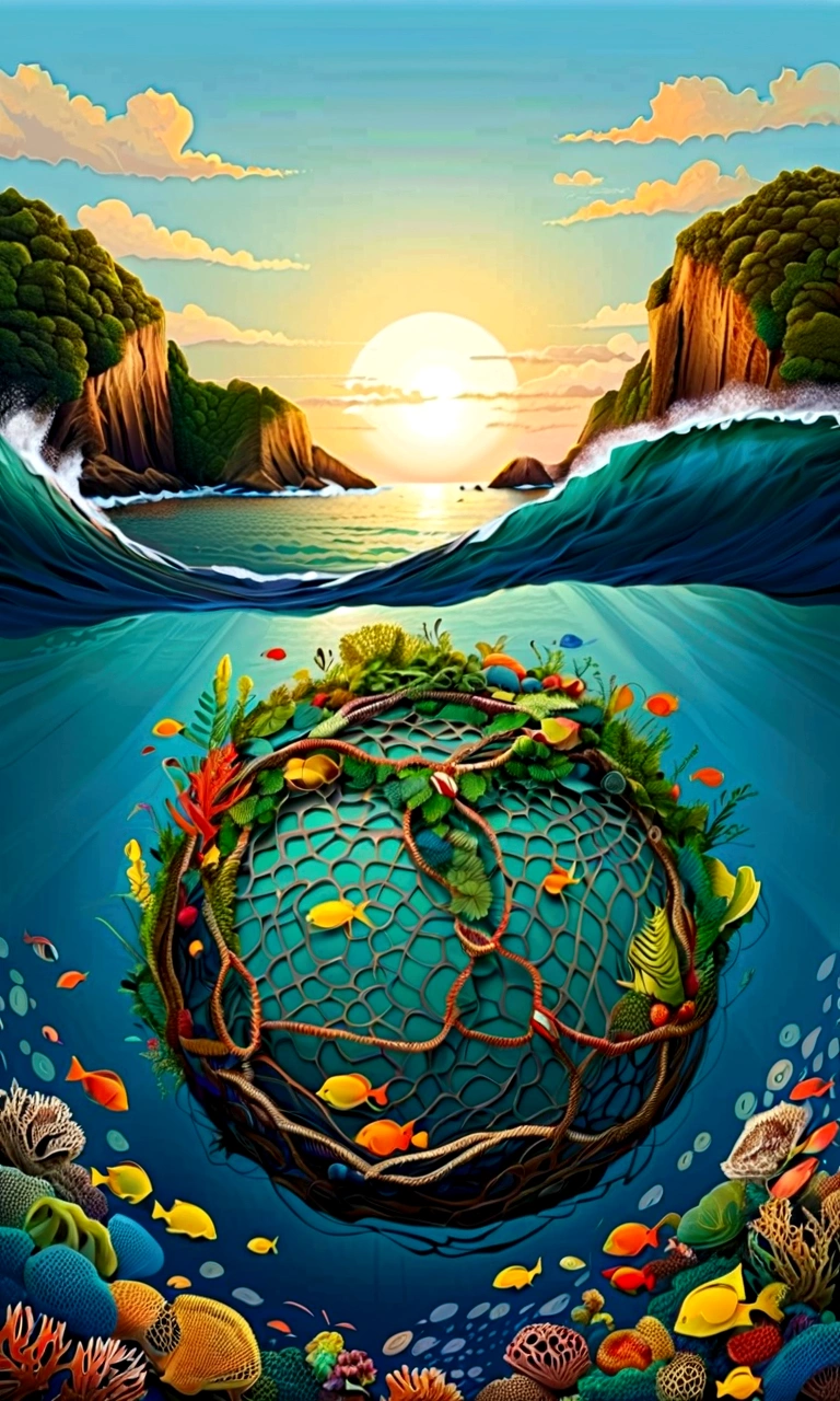 Creative illustrations。Environmentally friendly ideas。A big net in the ocean。Lots of marine debris