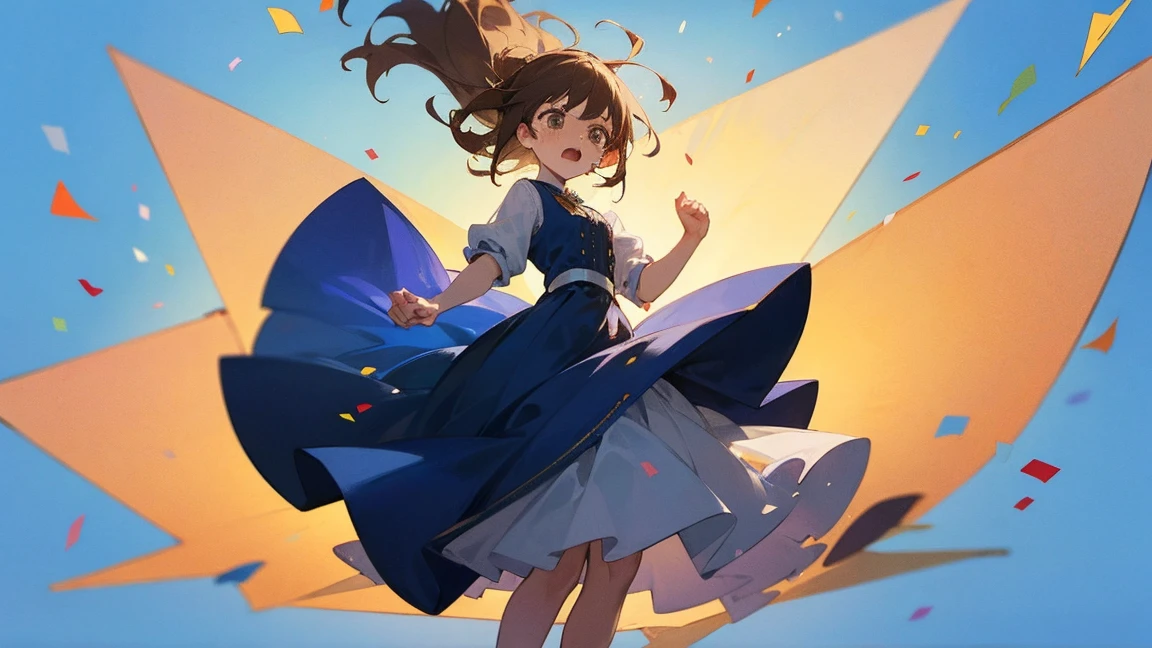 ((Highest quality)), ((masterpiece)), ((Very detailed)),Floatingする女の子,Angry expression，floating，Floating，Confetti，Brown Hair,tears,Levitating,Blue sky background,Feet in the air,tears,gravity,Long skirt