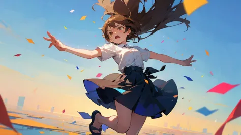 ((highest quality)), ((masterpiece)), ((very detailed)),floatingする女の子,angry expression，floating，floating，confetti，brown hair,tea...