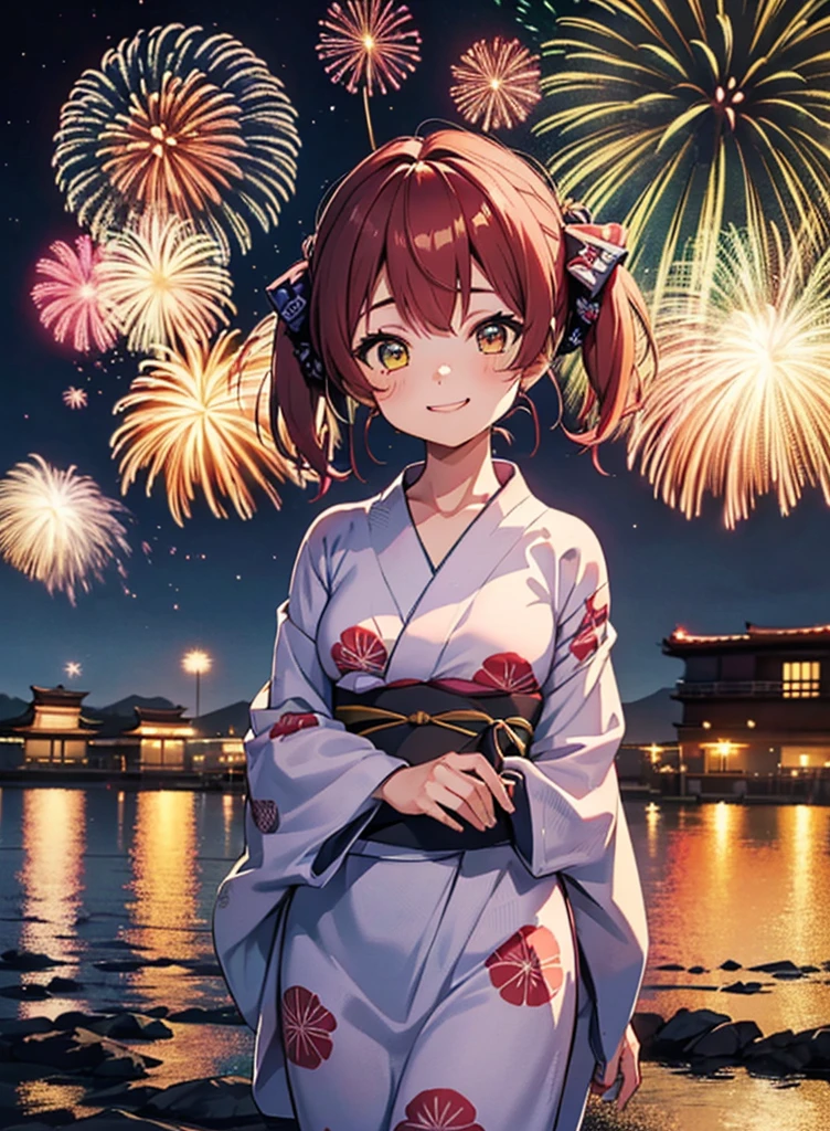 (masterpiece, Highest quality, Super detailed),One girl,(Red-haired twin tails,Odd Eye、Red Eye,Yellow Eyes:1.1),((super fine illustration)),((cute eyes,highly detailed skin)),((smile)),(well endowed,Blessed,Captivating body、Detailed Background)、(yukata:1.5),firework,(大量のfirework,Night view,Ocean)、Festivals