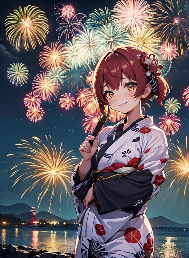 (masterpiece, Highest quality, Super detailed),One girl,(Red-haired twin tails,Odd Eye、Red Eye,Yellow Eyes:1.1),((super fine illustration)),((cute eyes,highly detailed skin)),((smile)),(well endowed,Blessed,Captivating body、Detailed Background)、(yukata:1.5),firework,(大量のfirework,Night view,Ocean)、Festivals