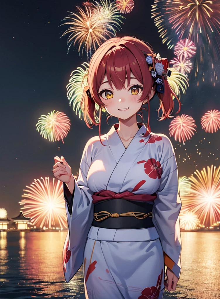 (masterpiece, Highest quality, Super detailed),One girl,(Red-haired twin tails,Odd Eye、Red Eye,Yellow Eyes:1.1),((super fine illustration)),((cute eyes,highly detailed skin)),((smile)),(well endowed,Blessed,Captivating body、Detailed Background)、(yukata:1.5),firework,(大量のfirework,Night view,Ocean)、Festivals