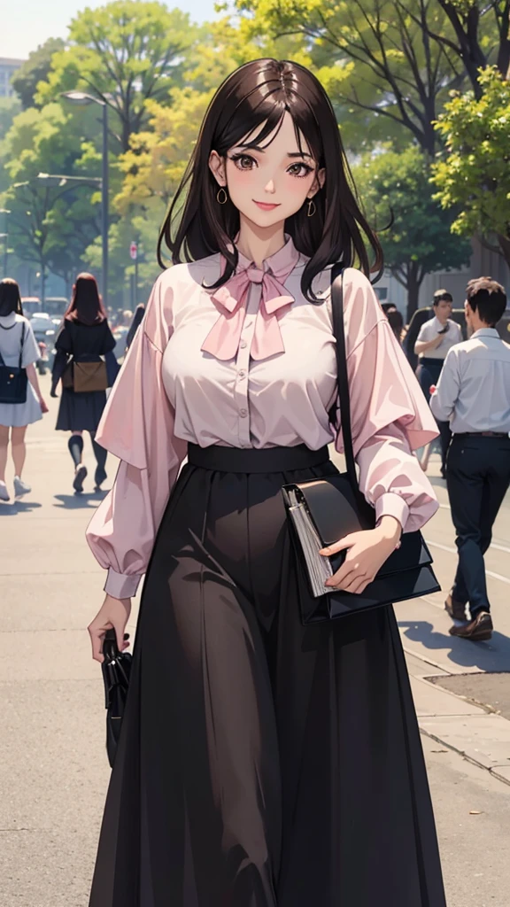 Woman. dark hair. eyes browns, social dress, walking in a park. smirk on face, a bag with magazines, libero, light pink lipstick, happy looking, formal blouse, longskirt, answer in hand