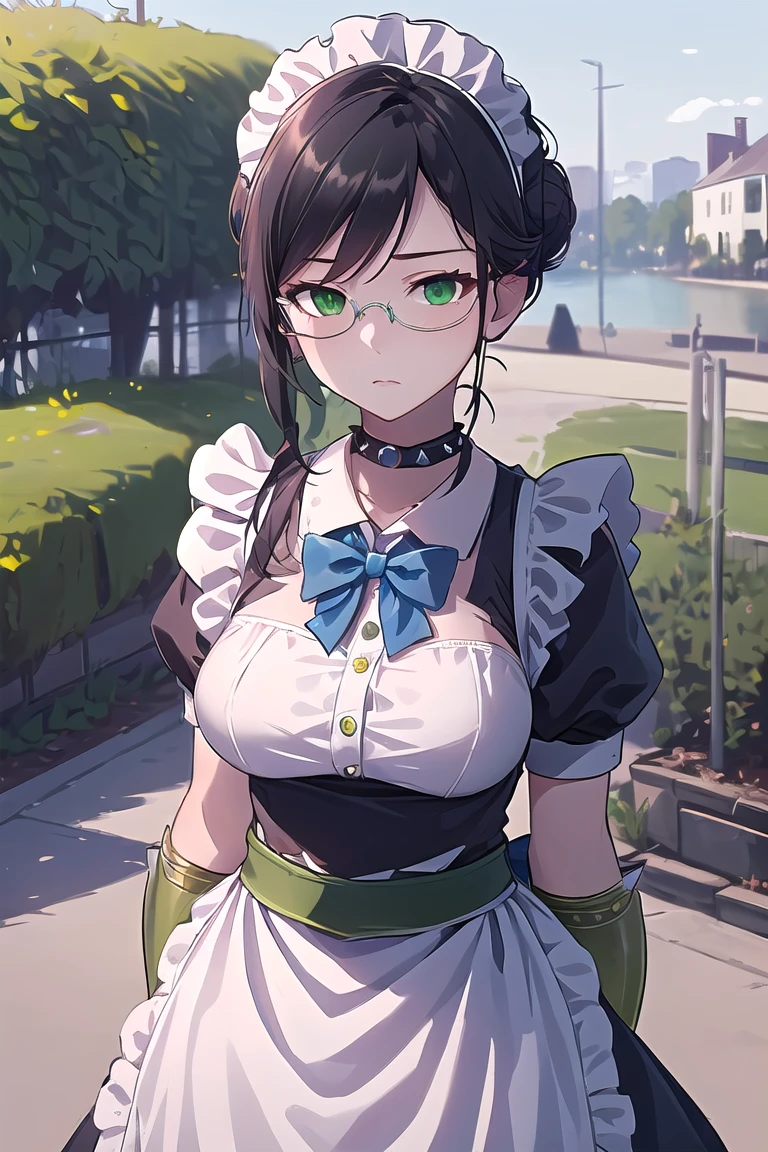 highres, sharp focus, pixiv masterpiece, ((intricate details)), highly detailed, upper body, standing, yuri alpha, 1girl, black hair, (blue bowtie:1.3), (green wristband, green gauntlets, spikes:1.1), glasses, green eyes, maid, single hair bun, dress, choker, maid apron, outdoors, grey eyes, big breasts