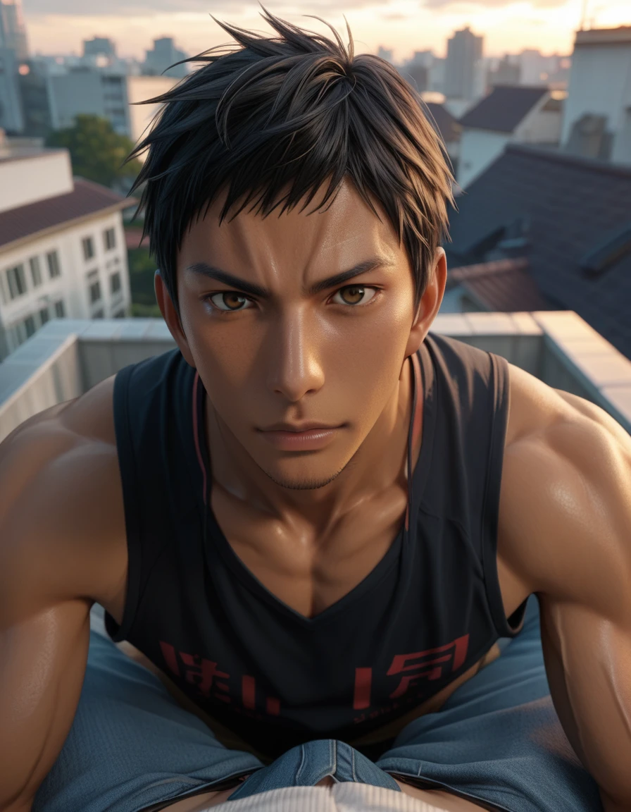 score_9, score_8_up, score_7_up, Handsome Aomine Daiki ,1boy legs ,pov , dark skin ,rooftop