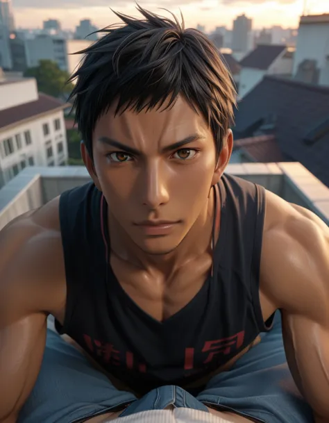 score_9, score_8_up, score_7_up, handsome aomine daiki ,1boy legs ,pov , dark skin ,rooftop