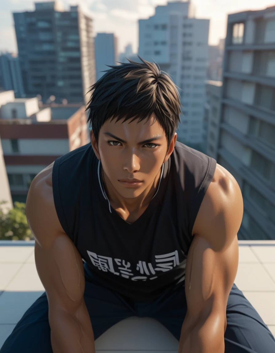 score_9, score_8_up, score_7_up, Handsome Aomine Daiki ,1boy legs ,pov , dark skin ,rooftop