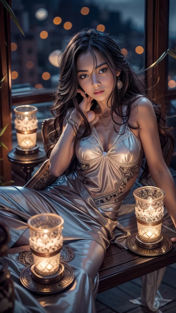(32k:1.5, Highest quality, masterpiece, Ultra-high resolution), Professional camera work:1.6, Highly detailed skin and face textures:1.3, Captivating portrait:1.3, Very accurate, Very detailed, 1 adult female, ((Amazing night view from the rooftop, The moonlight at night illuminates my body)), (Satin Nightgown:0.5), Incredibly slim body, Fair skin, elegant features, Expressions of sadness, (Big eyes that exude beautiful eroticism:0.8, Sad expression:1.0, I love you with all my heart:0.8, Open your mouth a little, lipstick, Feel the beautiful eroticism:0.8), (Wet dark brown medium length hair), Candles, The chest is medium, Earrings, necklace, bracelet, dramatic, romantic, mysterious, Tilt, Sensual sitting position, ((Adult charm, Feminine charm, Hair blowing in the wind))