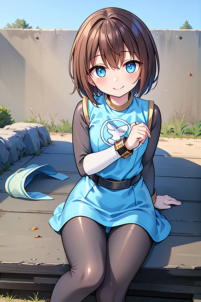 Hurricane Blue、Hurricane Jar、Brown Hair、short hair、((pantyhose))、Picture below、Medium Chest、(Spread your legs), between legs, outdoors, sun, smile, full body, Sitting、panties