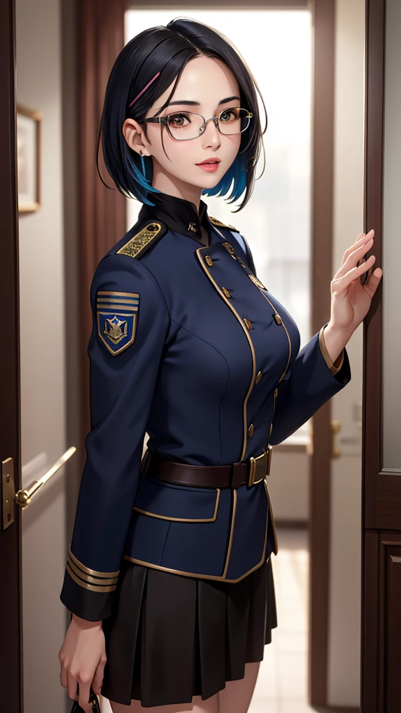 Beautiful young girl with blue short hair, A light smile, Brown eyes, hair clips, lips, Stud earrings, Semi-rimless eyewear, , Big butt but small breasts, (Highest quality,4K,8K,High resolution,masterpiece:1.2),Very detailed,(Realistic,photoRealistic,photo-Realistic:1.37),Very detailed顔, Very detailed目と顔, Long eyelashes, Beautiful attention to detail, beautiful detailed lips, Concept Art, Cinema Lighting, Vibrant colors, a beautiful girl in military uniform,short wavy hair,glasses,busty,detailed face,beautiful eyes,beautiful lips,highly detailed,photorealistic,8K,masterpiece,studio lighting,dynamic pose,intricate details,dramatic lighting,cinematic atmosphere,vibrant colors,elegant,powerful,confident((Women's military uniform、Formal wear、skirt))