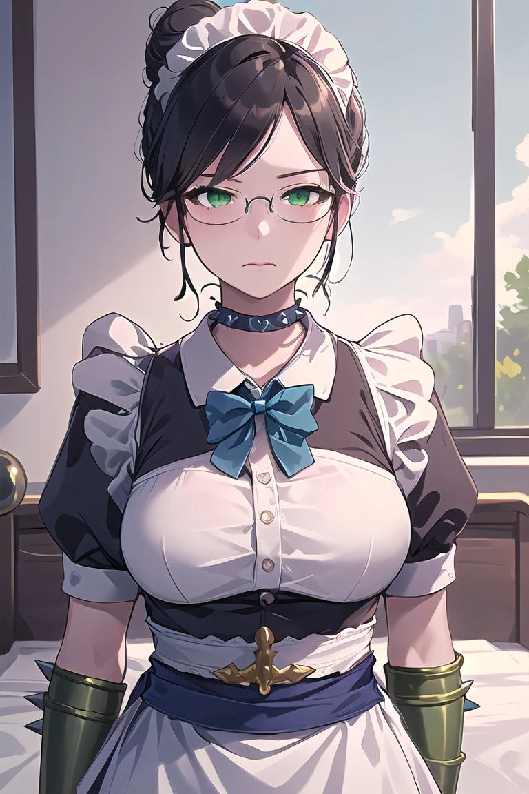 highres, sharp focus, pixiv masterpiece, ((intricate details)), highly detailed, upper body, , yuri alpha, 1girl, black hair, (blue bowtie:1.3), (green wristband, green gauntlets, spikes:1.1), glasses, maid, single hair bun, dress, choker, maid apron, outdoors, grey eyes, big breasts, room, bed, 
