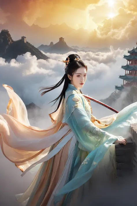 Chinese style illustration, Chinese clothing, Hanfu,Female hero wielding two swords, surrounded by clouds and fog. She stepped o...
