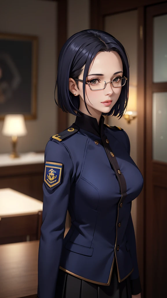 Beautiful young girl with blue short hair, A light smile, Brown eyes, hair clips, lips, Stud earrings, Semi-rimless eyewear, , Big butt but small breasts, (Highest quality,4K,8K,High resolution,masterpiece:1.2),Very detailed,(Realistic,photoRealistic,photo-Realistic:1.37),Very detailed顔, Very detailed目と顔, Long eyelashes, Beautiful attention to detail, beautiful detailed lips, Concept Art, Cinema Lighting, Vibrant colors, a beautiful girl in military uniform,short wavy hair,glasses,busty,detailed face,beautiful eyes,beautiful lips,highly detailed,photorealistic,8K,masterpiece,studio lighting,dynamic pose,intricate details,dramatic lighting,cinematic atmosphere,vibrant colors,elegant,powerful,confident((Women's military uniform、Formal wear、skirt))