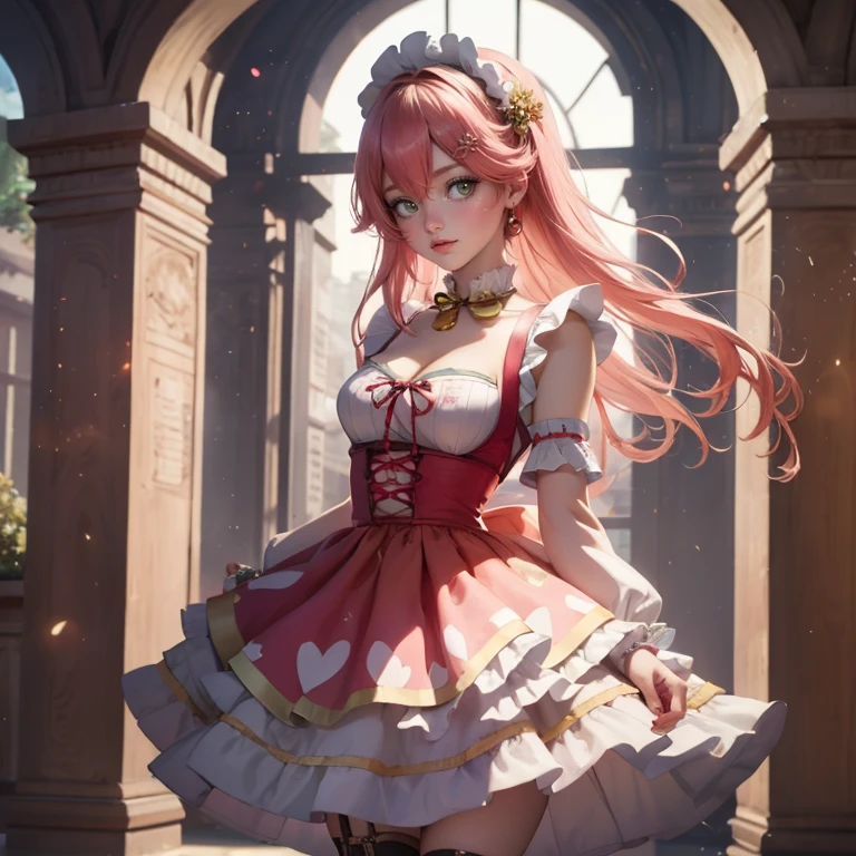 1girl, long hair, pink hair, long flowing hair, floating hair, ornament hair, perfectly body, perfectly hands, rose on hair, Looking at the audience, flowing hair, Beautiful Eyes, Plump and glossy lips, maid, maid dress, maid headdress, white headdress, maid apron, white apron, dress with too many frills, pink dress, pink laces, white Short skirt, skirt with layers, small skirt, skirt with layers, Drape clothes, orange gem, Lace trim, classical garden, luxury gold details, gold jewelry, more details, best quality, Big sparkling eyes, blushing, Striped Lace Stockings, pink Lolita skirt, sparkle, solo, centered girl, cowboy shot, perfectly body, perfectly hands, two arms, two legs, two hands, five fingers, perfect anatomy, glowing hair, pink roses, on the garden, sparkles, more details on her clothes, dress with transparency, golden details on her dress, night, lanterns, ((4k, masterpiece, top-quality)), 8k, best quality, high resolution, UHD, (illustration:0.8), super cute girl, delicate and beautiful face, mature girl, super cute hairstyle, (beautiful detailed eyes:1.6), extremely detailed face, perfect lighting, extremely detailed CG, (perfect hands, perfect anatomy), Best quality, cleavage