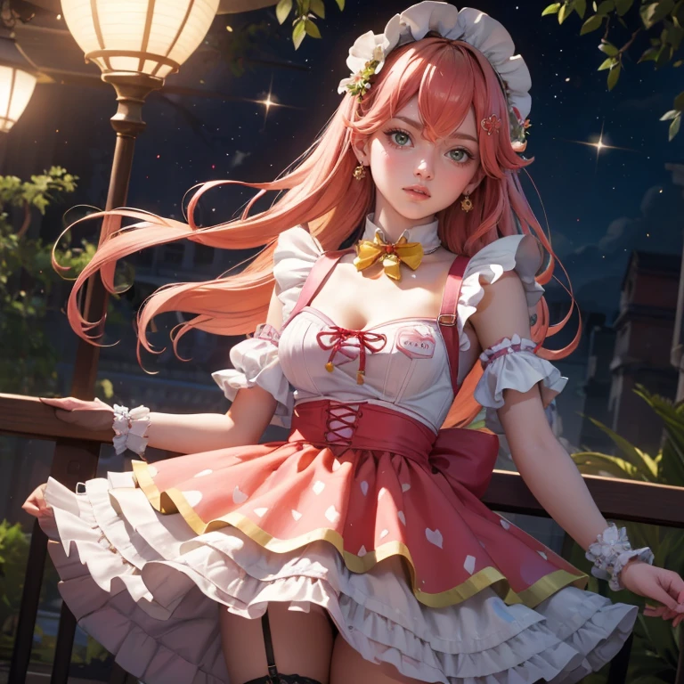 1girl, long hair, pink hair, long flowing hair, floating hair, ornament hair, perfectly body, perfectly hands, rose on hair, Looking at the audience, flowing hair, Beautiful Eyes, Plump and glossy lips, maid, maid dress, maid headdress, white headdress, maid apron, white apron, dress with too many frills, pink dress, pink laces, white Short skirt, skirt with layers, small skirt, skirt with layers, Drape clothes, orange gem, Lace trim, classical garden, luxury gold details, gold jewelry, more details, best quality, Big sparkling eyes, blushing, Striped Lace Stockings, pink Lolita skirt, sparkle, solo, centered girl, cowboy shot, perfectly body, perfectly hands, two arms, two legs, two hands, five fingers, perfect anatomy, glowing hair, pink roses, on the garden, sparkles, more details on her clothes, dress with transparency, golden details on her dress, night, lanterns, ((4k, masterpiece, top-quality)), 8k, best quality, high resolution, UHD, (illustration:0.8), super cute girl, delicate and beautiful face, mature girl, super cute hairstyle, (beautiful detailed eyes:1.6), extremely detailed face, perfect lighting, extremely detailed CG, (perfect hands, perfect anatomy), Best quality, cleavage